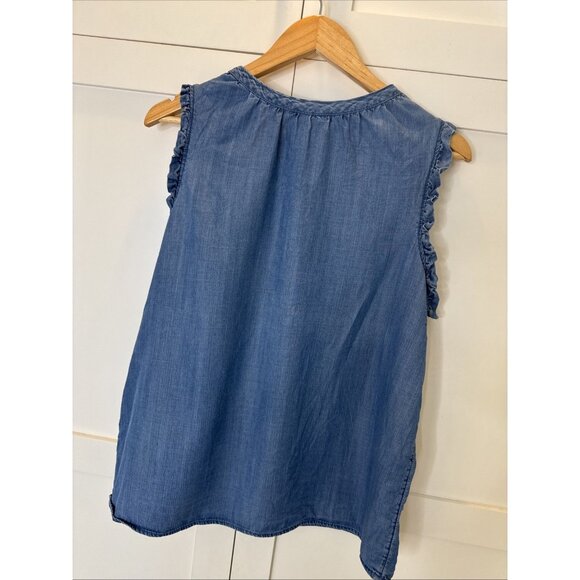 Time andTru Womens Ladies Blue Chambray Sleeveless Ruffle Blouse Top Size Large - Picture 7 of 10